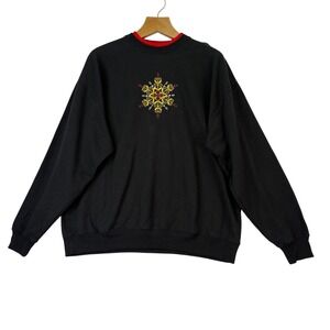 M&C Sportswear Black Snowflake Embroidered Crewneck Sweatshirt Red Trim Size XXL